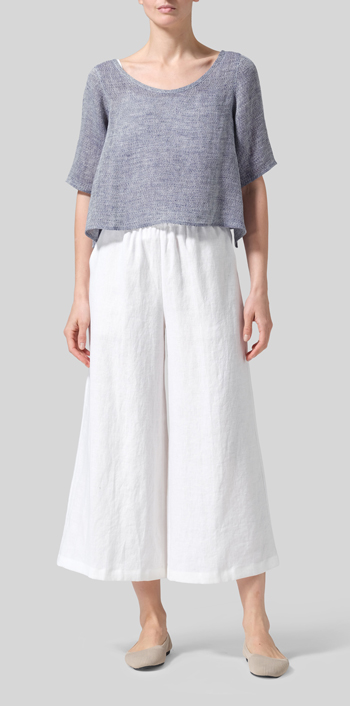 Two Tone Blue Linen Short-Sleeved Wide Round Neck Cropped Top