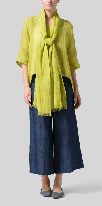 Yellow Gauze Linen Loose Deep V-Neck Top with Scarf