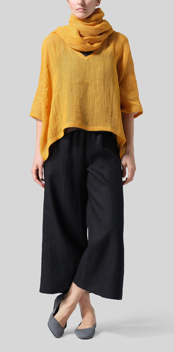 Pale Orange Gauze Linen Loose Deep V-Neck Top with Scarf