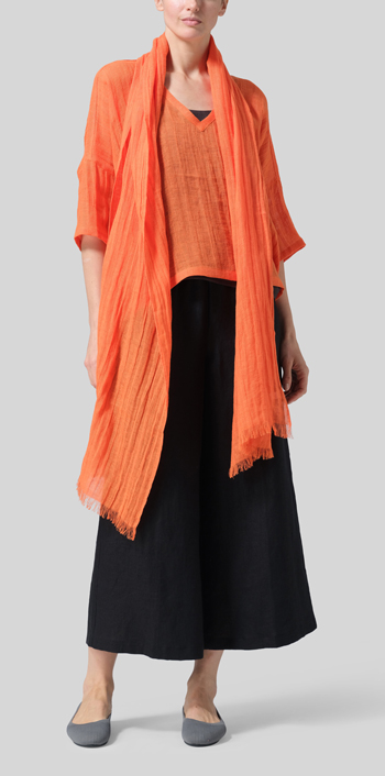 Gauze Orange Linen Loose Deep V-Neck Top with Scarf