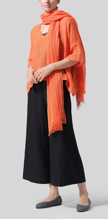 Gauze Orange Linen Loose Deep V-Neck Top with Scarf