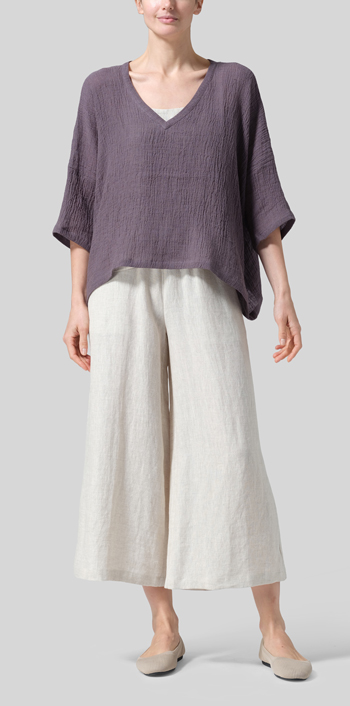 Dim Gray Gauze Linen Loose Deep V-Neck Top