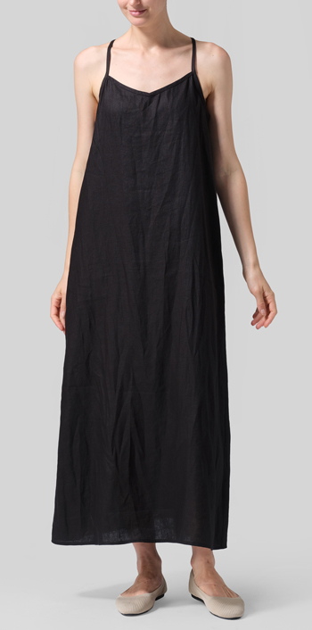 Black Linen A-shape Slip-In Dress