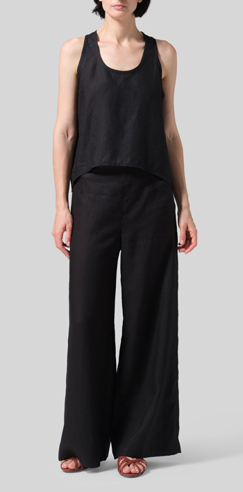 Black Linen Scoop Neck Halter Backs Vest Set