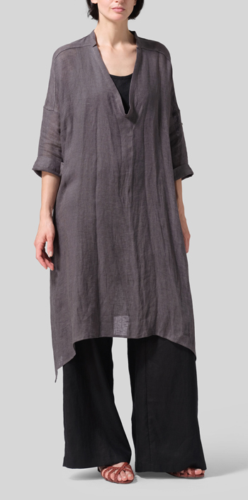 Dark Charcoal Woven Linen Roll Sleeve Deep V-neck Tunic Set