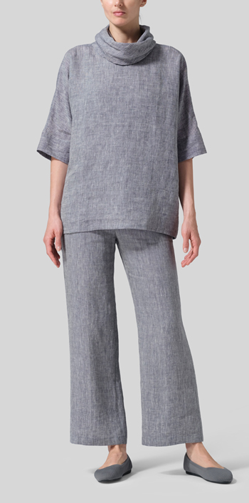 Two Tone Navy White Linen Cowl Neck Top