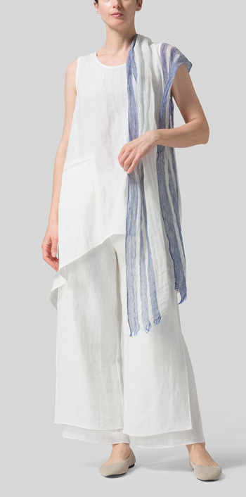 Soft White Linen Hi-Lo Hem Mid-Length Sleeveless Tunic with Scarf
