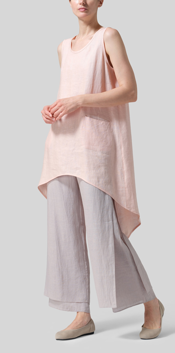 Rose Pink Linen Hi-Lo Hem Mid-Length Sleeveless Tunic