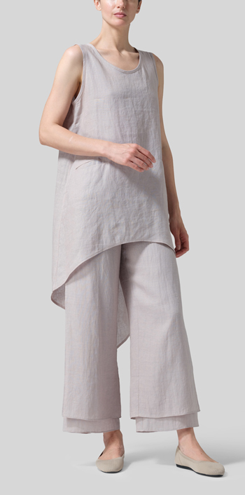 Sand Beige Linen Hi-Lo Hem Mid-Length Sleeveless Tunic Set
