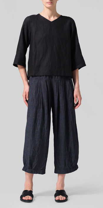 Black Linen V-Neck Short-Sleeved Top