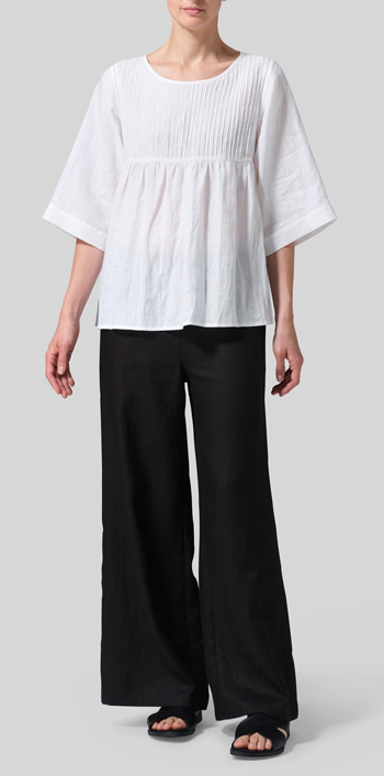 White Linen Hand-Made Pleated Bell Sleeve Blouse