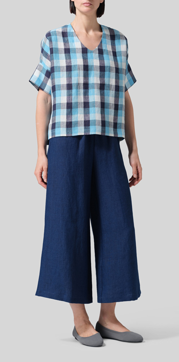 Azure Blue Checker Linen V-Neck Dropped Shoulder Versatile Top