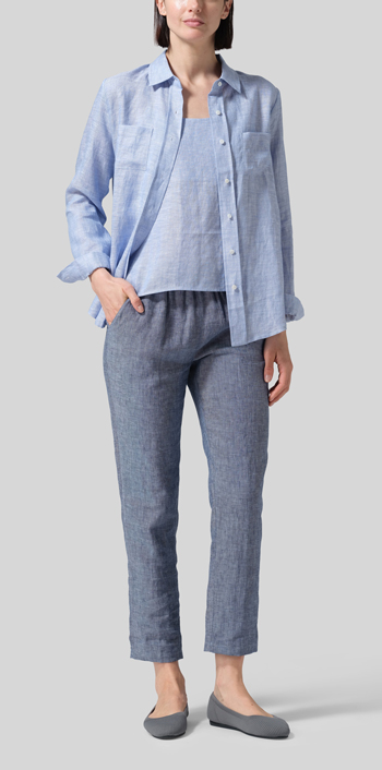 Cornflower Blue Linen Classic Long Sleeve Shirt Set