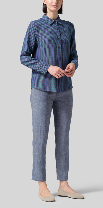 Teal Tartan Plaid Linen Classic Long Sleeve Shirt