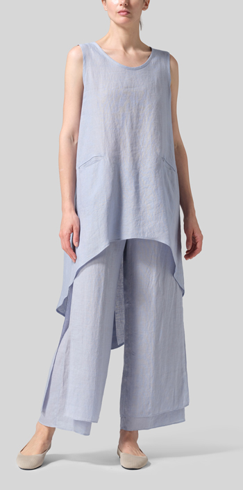 Light Pale Blue Linen Hi-Lo Hem Mid-Length Sleeveless Tunic
