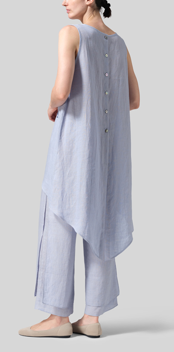 Light Pale Blue Linen Hi-Lo Hem Mid-Length Sleeveless Tunic