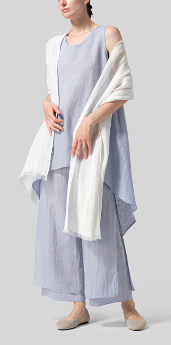 Light Pale Blue Linen Hi-Lo Hem Mid-Length Sleeveless Tunic Set