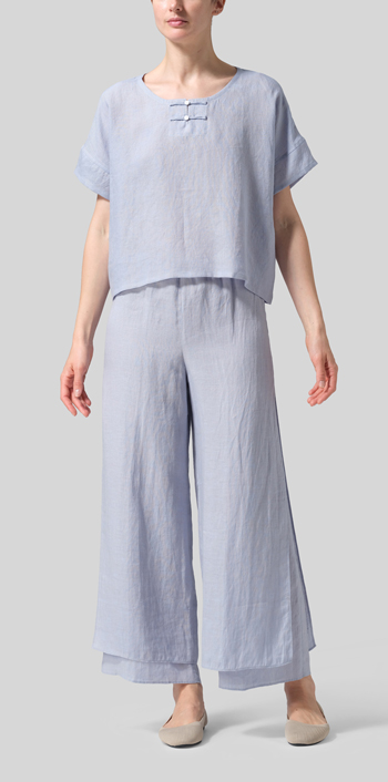 Light Pale Blue Linen Handmade Knot Button Boxy Cropped Top