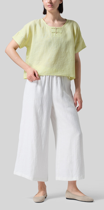 Lime Linen Handmade Knot Button Boxy Cropped Top