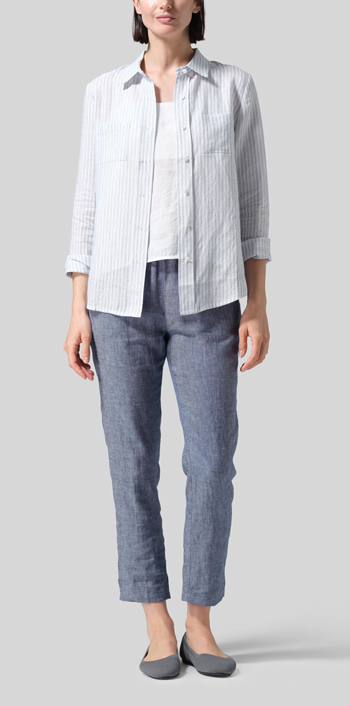 Powder Blue Stripe Linen Classic Long Sleeve Shirt