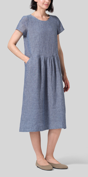 Denim Blue Linen Short Sleeve Midi Dress
