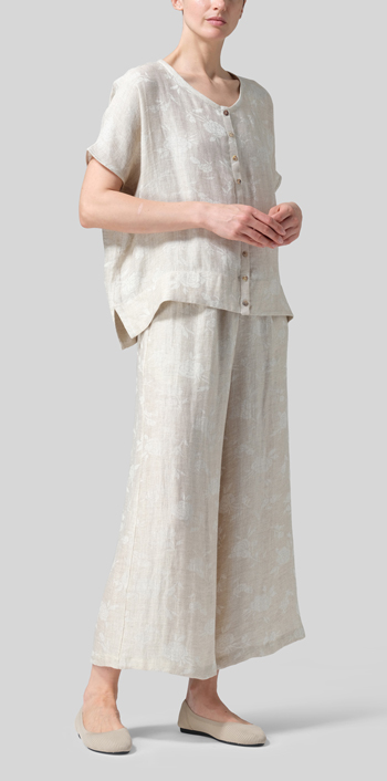 Jacquard Oat Linen Wide S/Sleeve Blouse Set