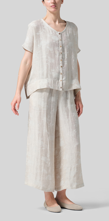 Jacquard Oat Linen Wide S/Sleeve Blouse Set