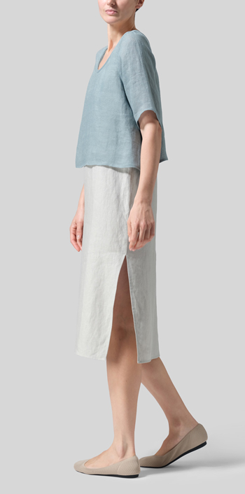 Green Gray Linen Short-Sleeved Wide Round Neck Cropped Top Set