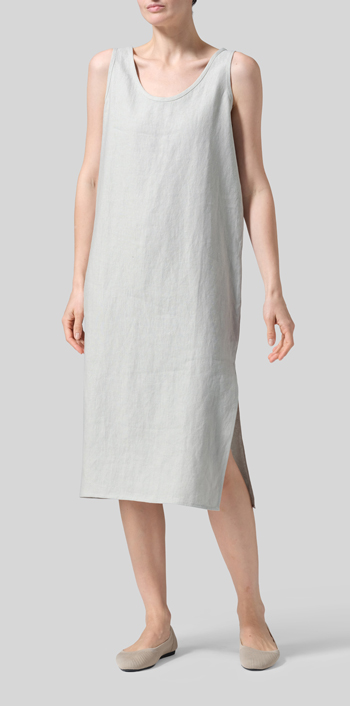 Light Grayish-green Linen Sleeveless Wide Round Neck Midi Dress