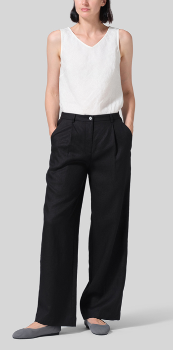 Black Linen Regular Fit Long Pants with Buttons
