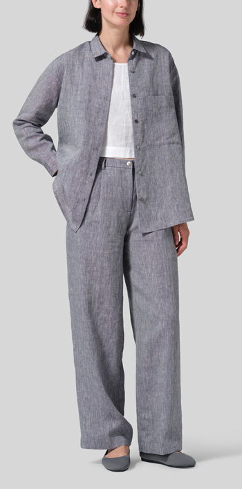 Two Tone Navy White Linen Basic Button Front Long Sleeve Shirt Set