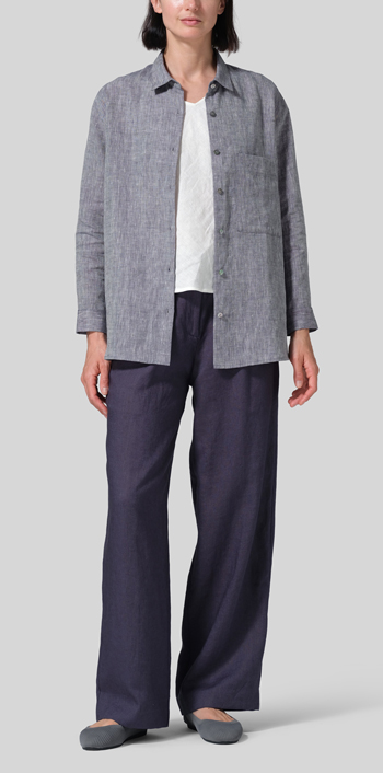 Two Tone Navy White Linen Basic Button Front Long Sleeve Shirt