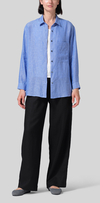 Sky Blue Linen Basic Button Front Long Sleeve Shirt