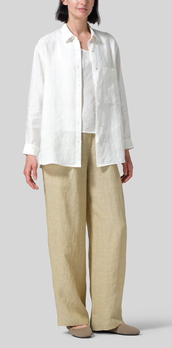 Lily White Linen Basic Button Front Long Sleeve Shirt
