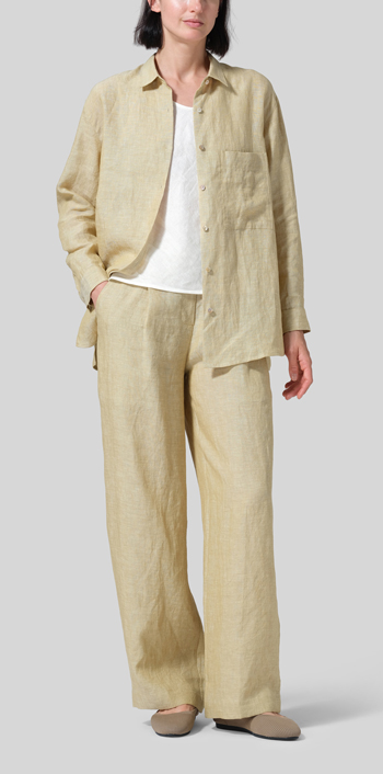 Flaxen Linen Basic Button Front Long Sleeve Shirt Set