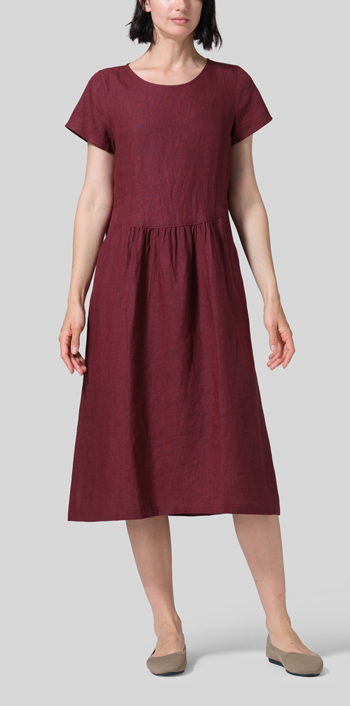 Red Linen Short Sleeve Midi Dress