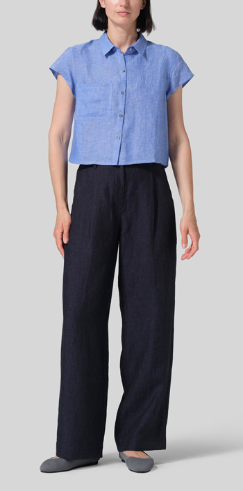 Sky Blue Linen Cap Sleeves Shirt
