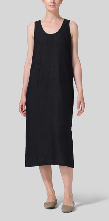 Black Brown Linen Sleeveless Patch Pockets Midi Dress