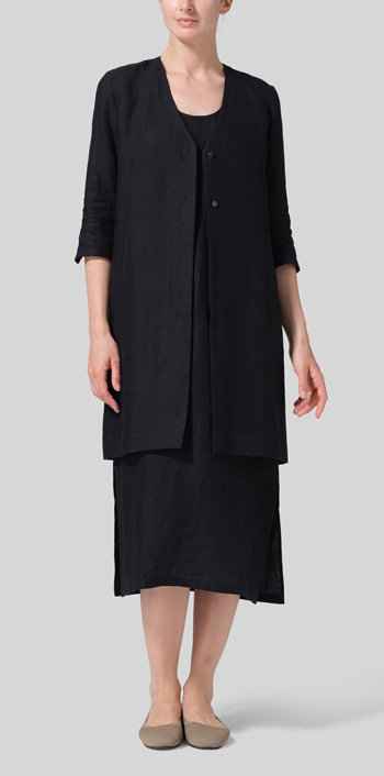 Black Brown Linen Straight Fit V-Neck Long Jacket with Dress