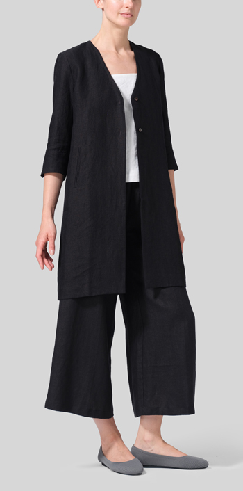 Black Brown Linen Straight Fit V-Neck Long Jacket