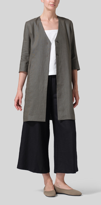 Dark Taupe Linen Straight Fit V-Neck Long Jacket