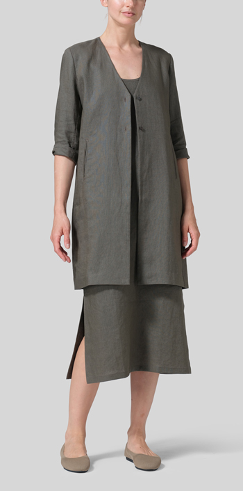 Dark Taupe Linen Straight Fit V-Neck Long Jacket with Dress