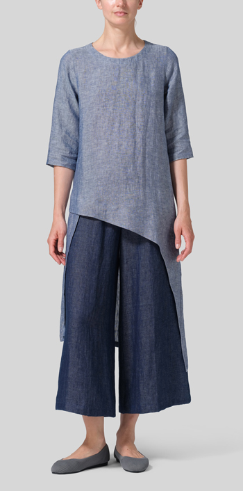 Two Tone Denim Linen Asymmetrical Tunic