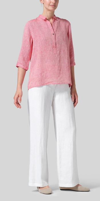 Two Tone Red Linen Simple Top with Small Shirt Collar