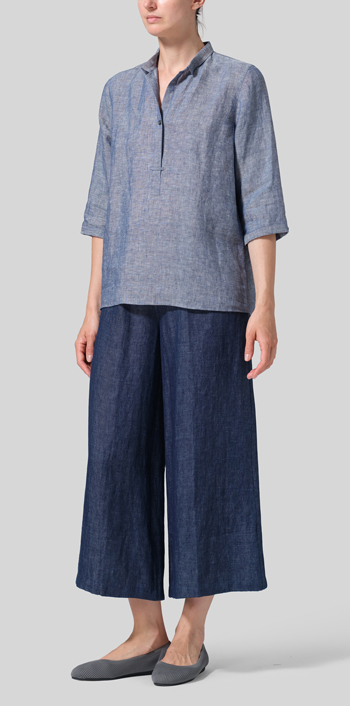 Two Tone Denim Linen Simple Top with Small Shirt Collar