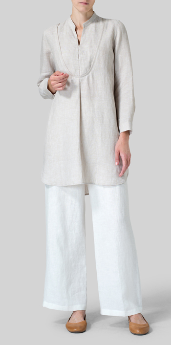 Gray Linen Tuxedo Front Long Blouse