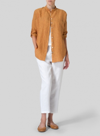 Golden Brown Linen Mandarin Collar Blouse