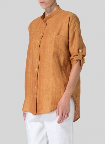 Golden Brown Linen Mandarin Collar Blouse