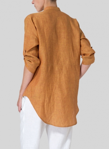 Golden Brown Linen Mandarin Collar Blouse