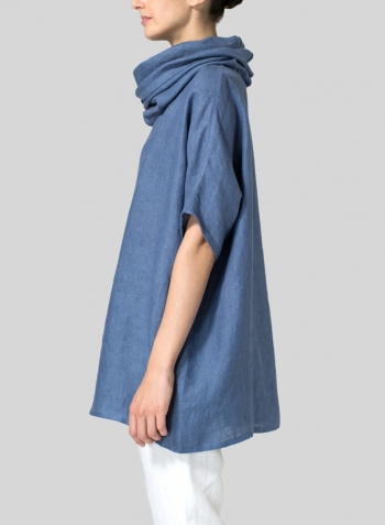 Soft Blue Weave Linen Turtleneck Tunic